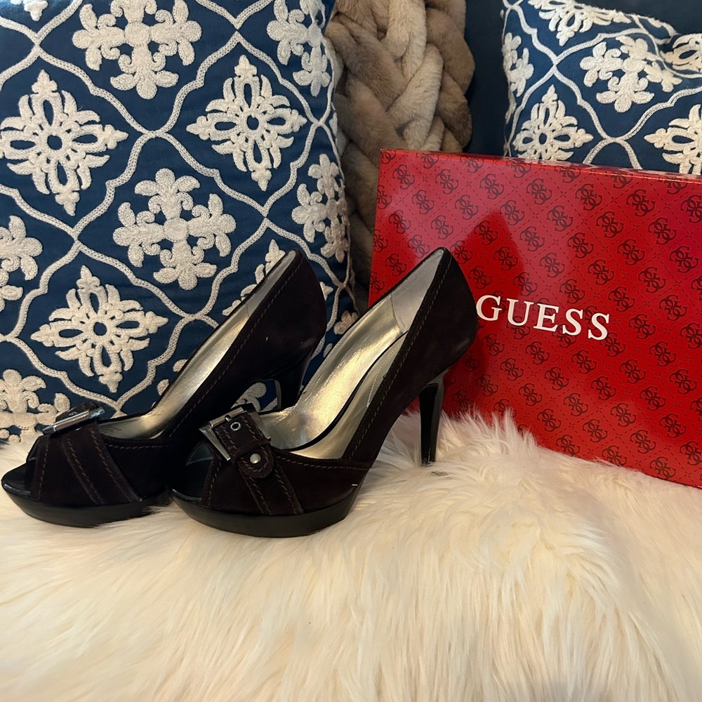 Guess Peep Toe Suede Buckle Heel